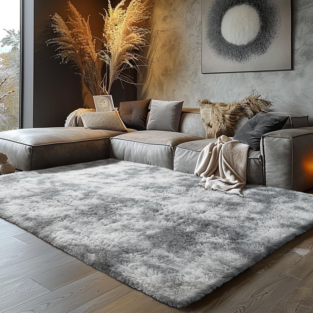 Shag Area Rugs for Bedroom Living Room,5X8 Ultra Soft Fluffy Area Rugs for Dorm, Indoor Carpet Nursery Rugs for Kids Room Home Decor,Tie-Dye Grey