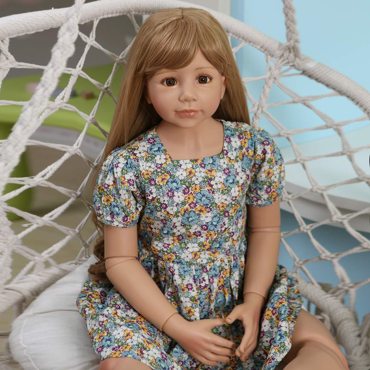 47inch Reborn Toddler Doll,Huge Baby Full Body Hard Vinyl Smile Girls Real Child Realistic Newborn Toddler Dolls Girl Age 4 Dress Model Brown Hair Girl Collectible Floral Dress