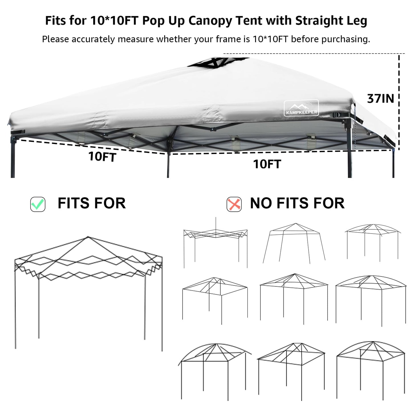 KAMPKEEPER Replacement Top Pop Up Canopy Tent Cover Roof with Air Vent and Adjustable Elastic Strap, Polyester UV Waterproof for Outdoor Garden Patio Sun Shade(Top Only) (Light Gray, 10x10FT)