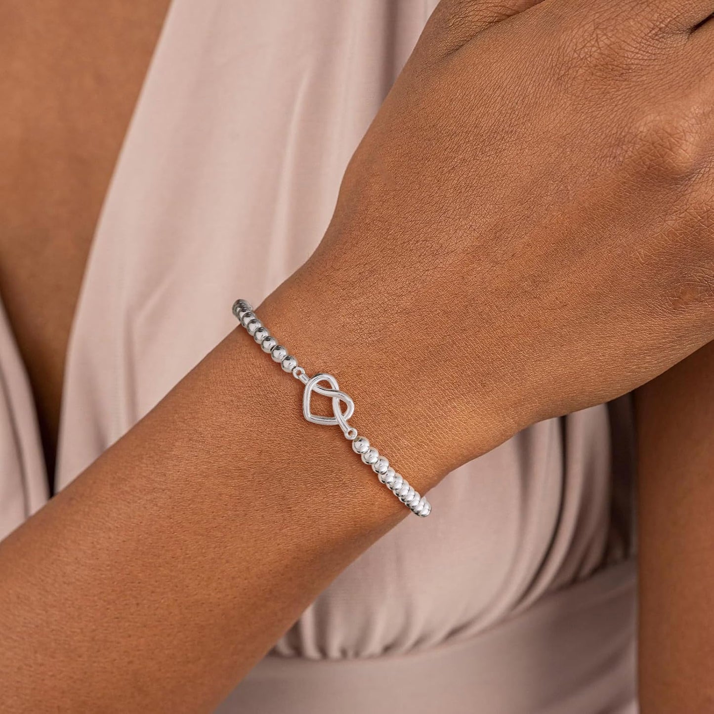 Beaded Bracelets for Women 14K Silver Gold Plated Stretch Handmade Ball Bracelets Cute Charm Bracelet Dainty Stackable Cross Heart Bow Wave CZ Circle Trendy Jewelry Easter Gifts (knot-heart-silver)