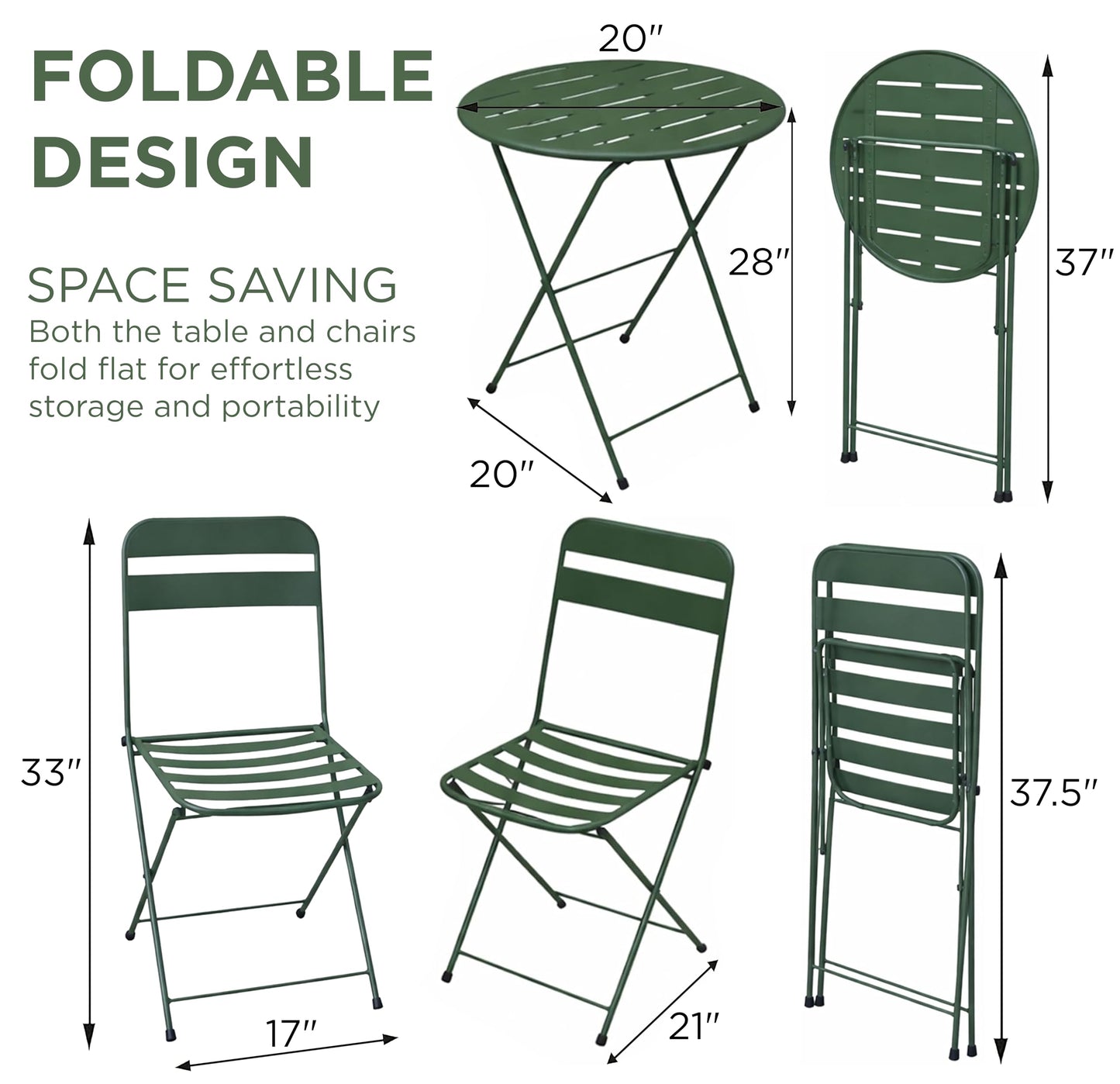 Alpine Corporation VTFAM168A-GN 3-Piece Green Metal Folding Bistro Set – 20" Round Patio Table with 2 Folding Chairs – Portable Indoor/Outdoor Balcony & Garden Furniture Set