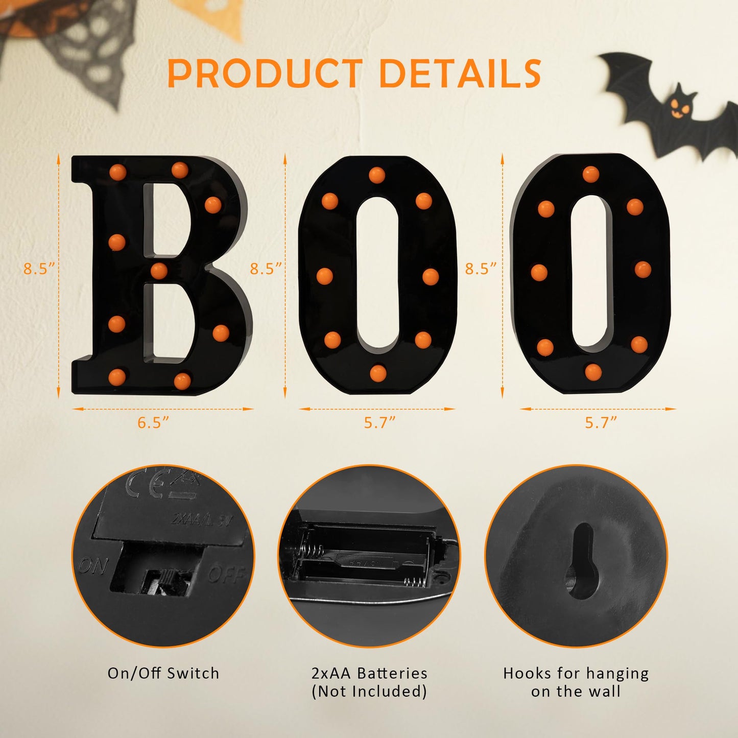 Halloween LED Marquee Letters “BOO” Set - 3 Pcs Black Alphabet Lights with Orange Glow, Perfect for Halloween, Christmas,Birthday Party, Bar Decor, Battery - Operated Ambience Lamps