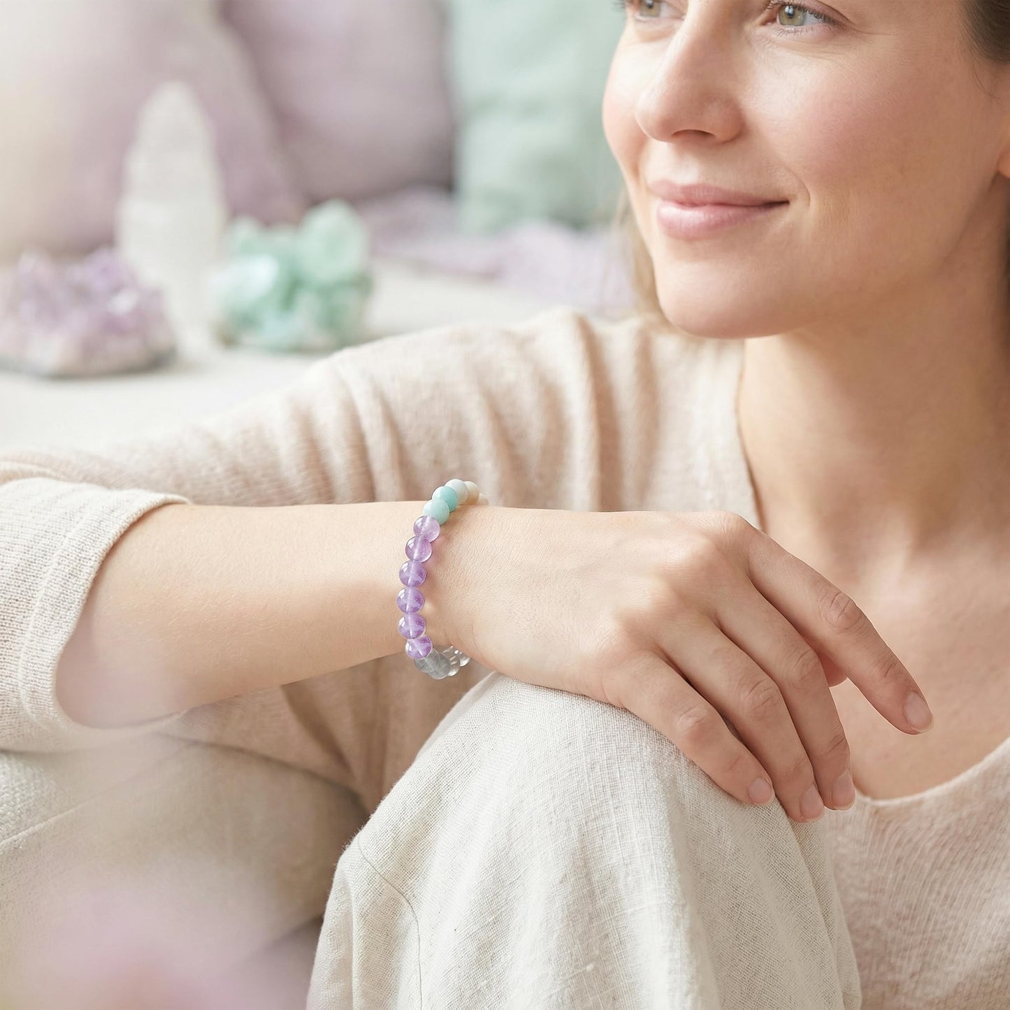 Bivei Emotional Healing Bracelet, Strength Crystal Healing Bracelet 8MM with Amazonite & Clear Quartz & Amethyst - Spiritual Stretch Beaded Jewelry for Women Men Gift
