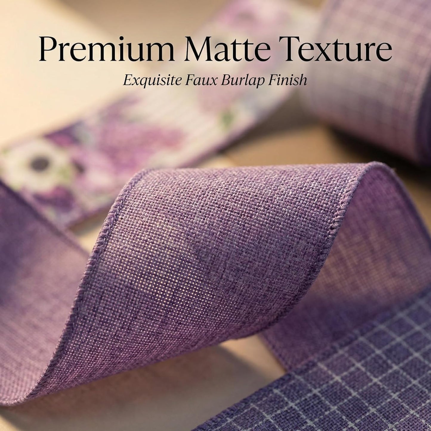 Spring Summer Purple Floral Wired Ribbon, 2.5 InchX 15 Yards Burlap Ribbon for Wreath, Bows, Gift Wrapping, Mother's Day, Wedding & DIY Craft (Purple)
