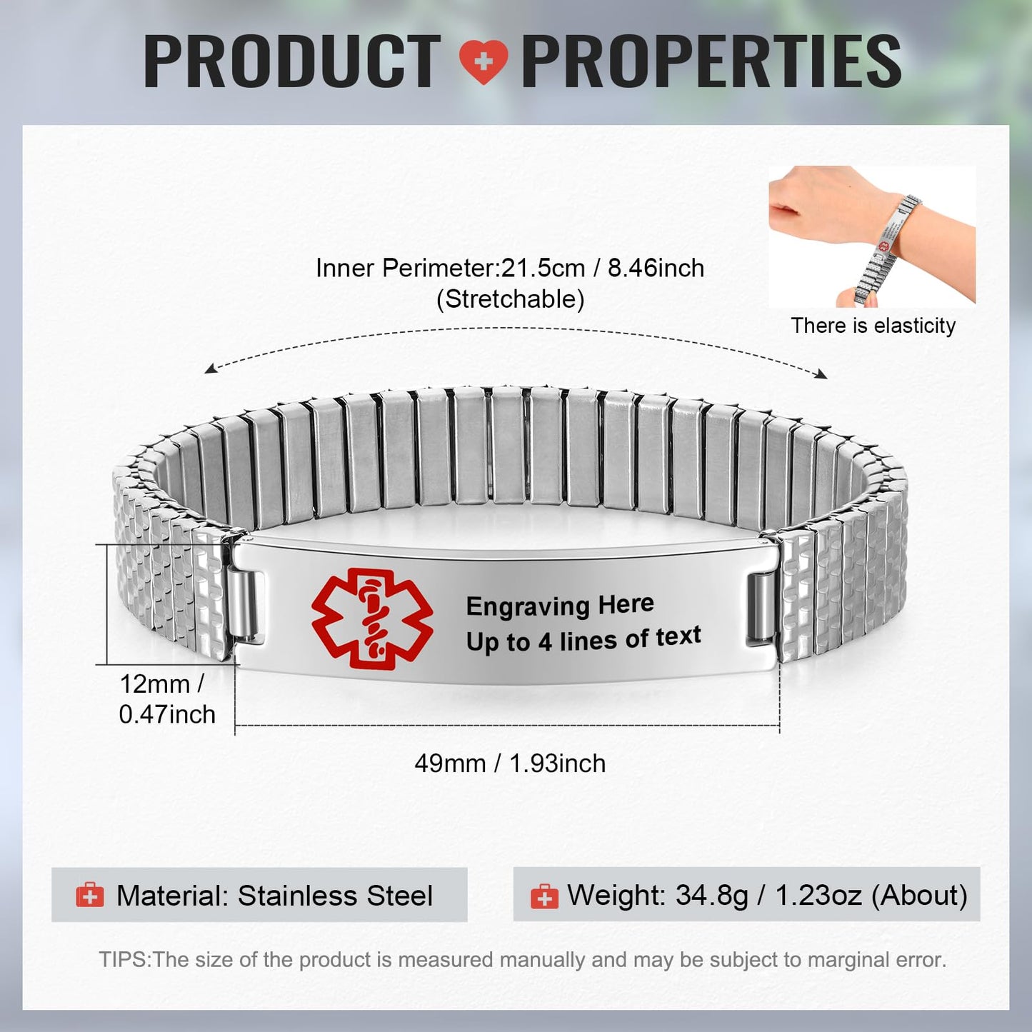 Personalized Medical ID Bracelets for Men - Custom Emergency Alert Bracelet for Women Engraved Medic Info Elastic Stainless Steel Bracelets for Family Autism Allergy Diabetic Epilepsy (Silver, 21.5cm)