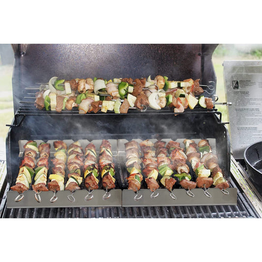 Kabob Skewers Rack Set of 2, Stainless Steel Skewers Holder with 6 Notch Compatible with Wood, Bamboo, Round, Metal, Flat Skewers for Grilling, BBQ Grilling Accessories (Pouch Included)