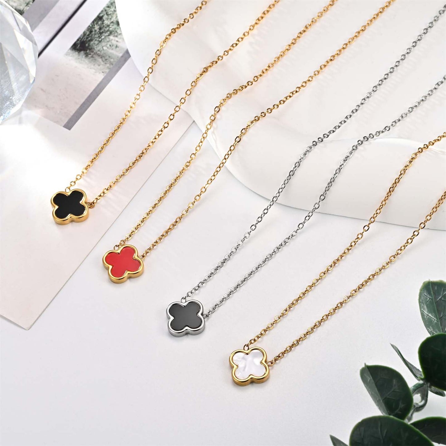 KYJAC Clover Jewelry Set - Necklace and Stud Earrings, 18k Gold Plated Four Leaf Pendant, White Black Red, Silver Black Set - Gifts for Women