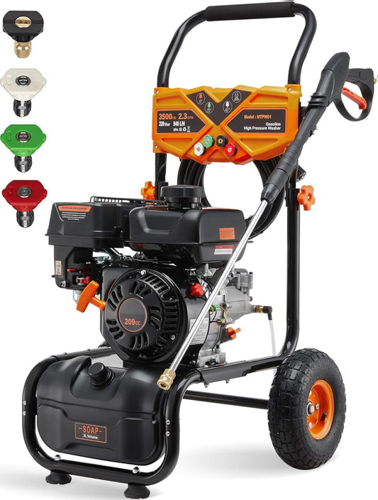 AidBuilt 3500 PSI Gas Pressure Washer, 2.3 GPM High Power Washer with 209CC Engine, 25FT Hose, 4 Quick-Connect Nozzles, for Cleaning Walls, Vehicles, Gardens, Driveways, Concrete(Orange)