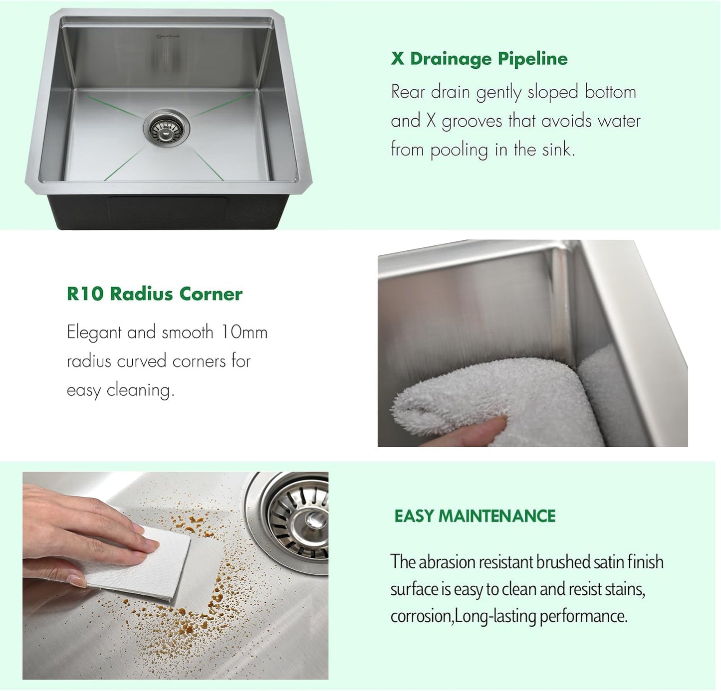 EcoChannels Undermount Kitchen Sink, 21 x 19 Inch Sink Kitchen 16 Gauge Stainless Steel Kitchen Sinks Single Bowl Workstation Sink with Cutting Board