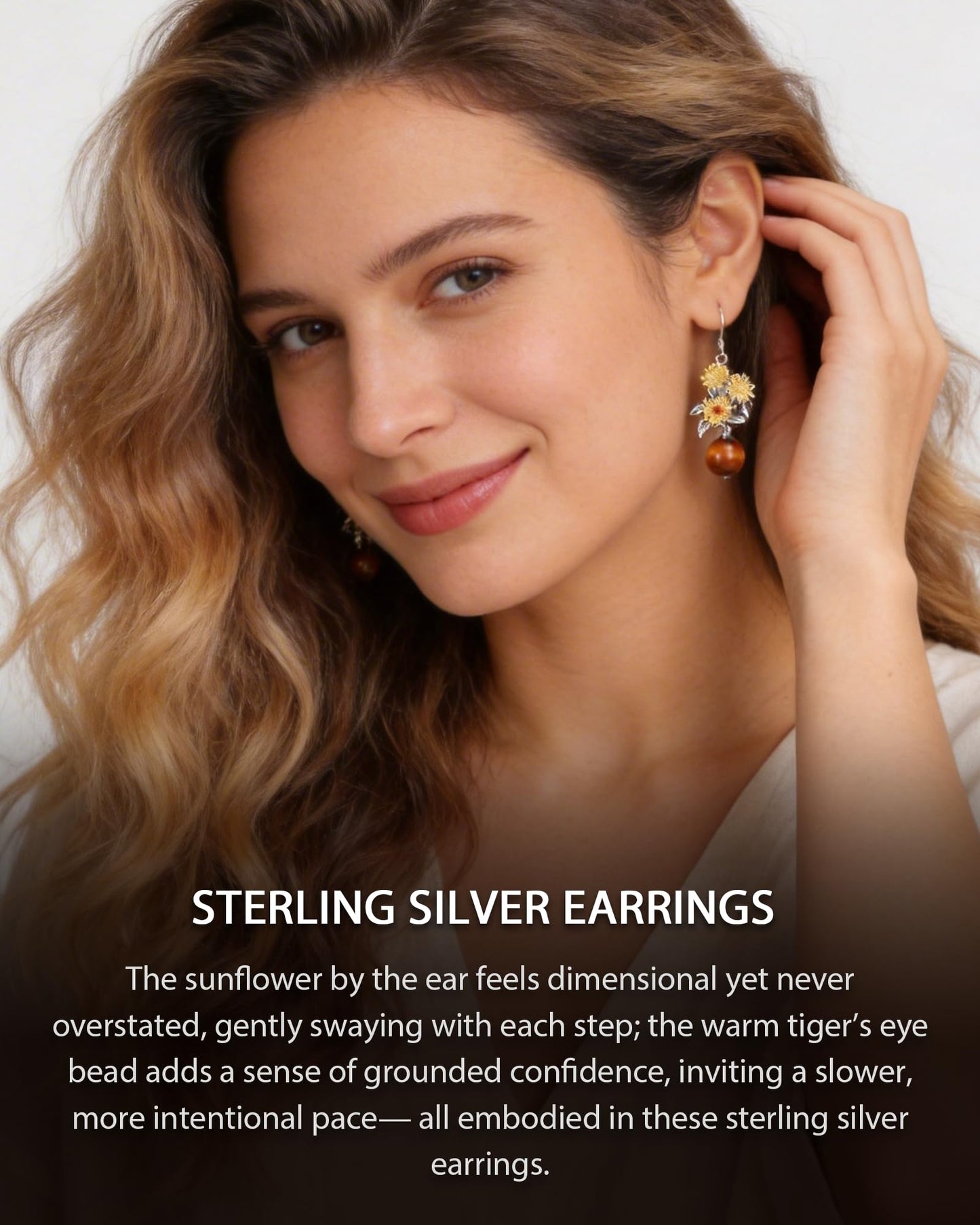 Gold Sunflower Earrings for Women - 925 Sterling Silver Dangle Earrings with Tiger’s Eye Women’s Jewelry Gift for Birthday, Valentine’s Day