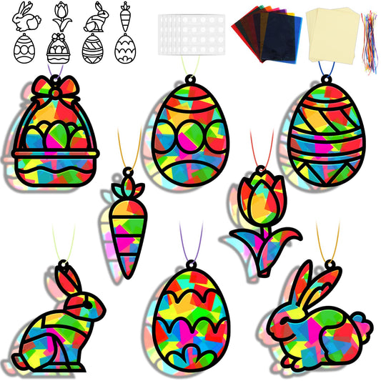 32 Sets Easter Suncatchers Craft Kit DIY Egg Basket Window Stained Glass Effect Paper Basket Style Home School Classroom Decorations Spring Art Craft Creative Games Activity Project Gift Favor