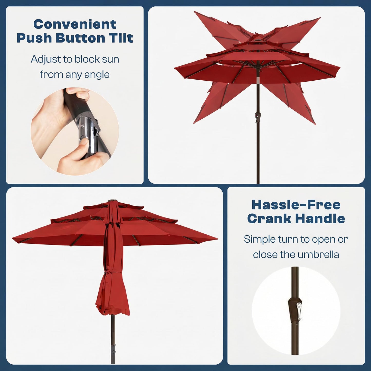 Tobeos 10ft 3 Tier Patio Umbrella, Outdoor Market Table Umbrella with UPF 50+ Vented Canopy, 8 Sturdy Ribs, Easy Push Button Tilt and Crank, Windproof for Deck, Pool, Backyard and Garden, Red