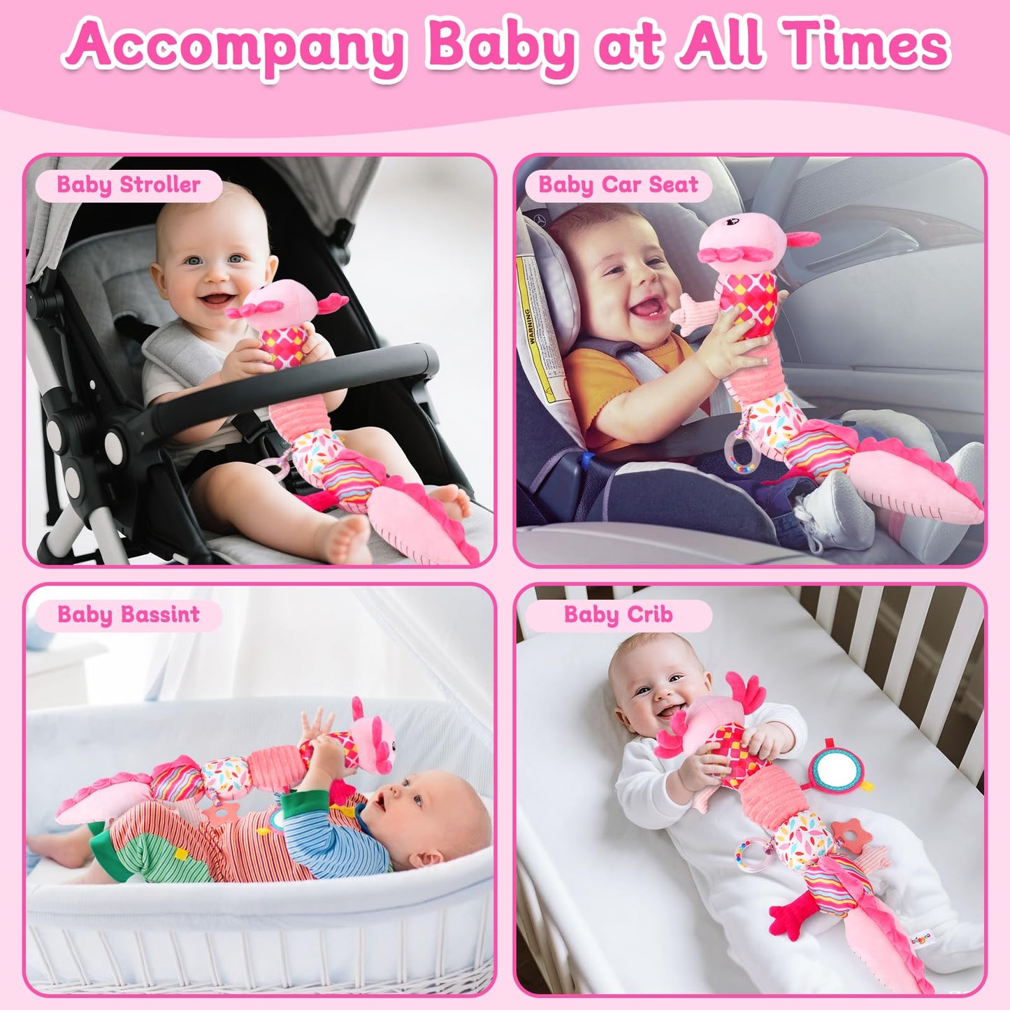 Baby Girls Toys 0-6 Months,Infant Sensory Caterpillar Pink Axolotl Baby Musical Rattles Tummy Time Toys for 0 3 6 9 12 Months Stuffed Plush with Crinkle, Mirror,Teether for Newborn Shower Gifts