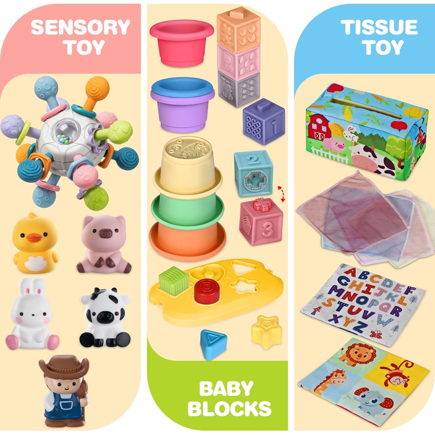 Baby Toys 6-12 Months, 6 in 1 Montessori Toys for 1 Year Old, Soft Infant Sensory Teething Toy, Stacking Cups & Blocks, Shape Sorter Blocks, Finger Puppets, Tissue Box Toy for Toddler 0-3-6-9-12 M+