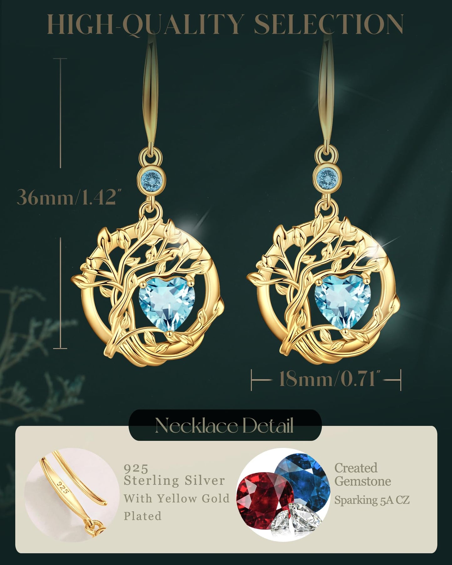 FANCIME Tree of Life Earrings 925 Sterling Silver Yellow Gold Plated Aquamarine Dangle Drop Blue Gemstone Earring March Birthstone Fine Jewelry Birthday Mothers Day Gifts for Women Her