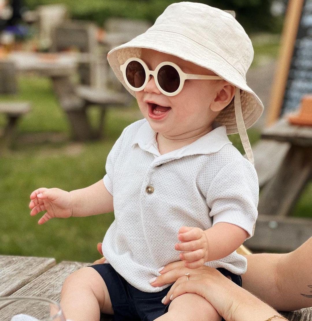 COASION Baby Polarized Round Sunglasses Flexible Rubber Shades with Strap for Toddler Newborn Infant Ages 0-24 Months (Pink/Brown + White/Brown)