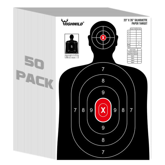 Highwild Shooting Range Silhouette Paper Target - 23X35 Inches - Suitable for Handguns, Rifles, Airguns, BB Guns (50 Pack, White & Black)