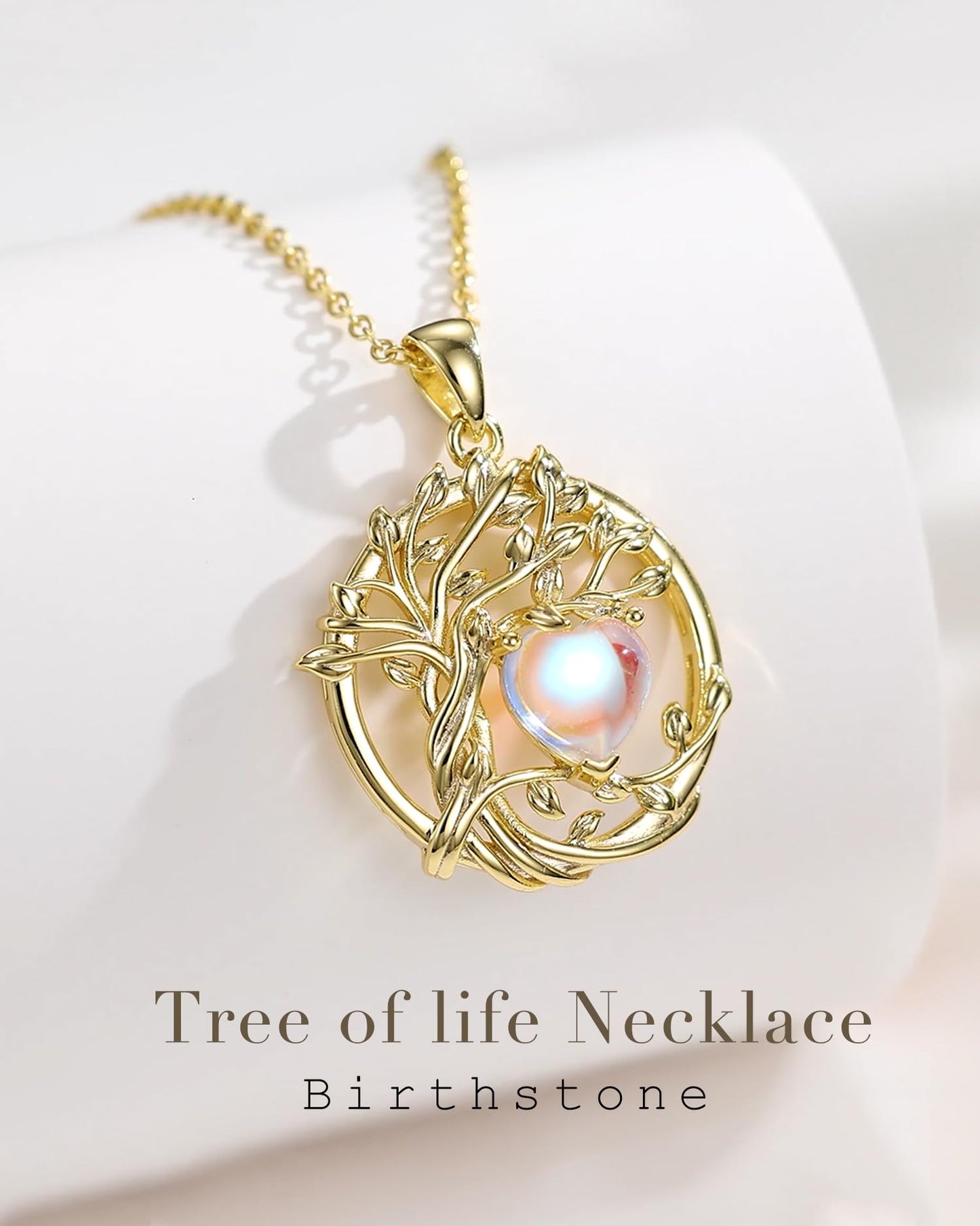 FANCIME Tree of life Moonstone necklace Sterling Silver Yellow Gold Plated June Birthstone Pendant Rainbow Gemstone Birthday Mothers Day Gifts for Women Wife Mom Her