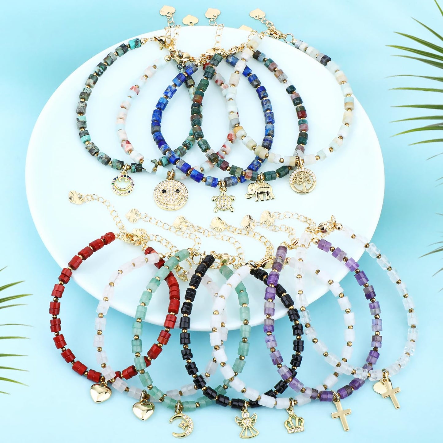 Natural Gemstone Healing Crystal Indian Agate Dainty Charms Elephant Bracelet Adjustable Chain Extender Minimalist Jewelry