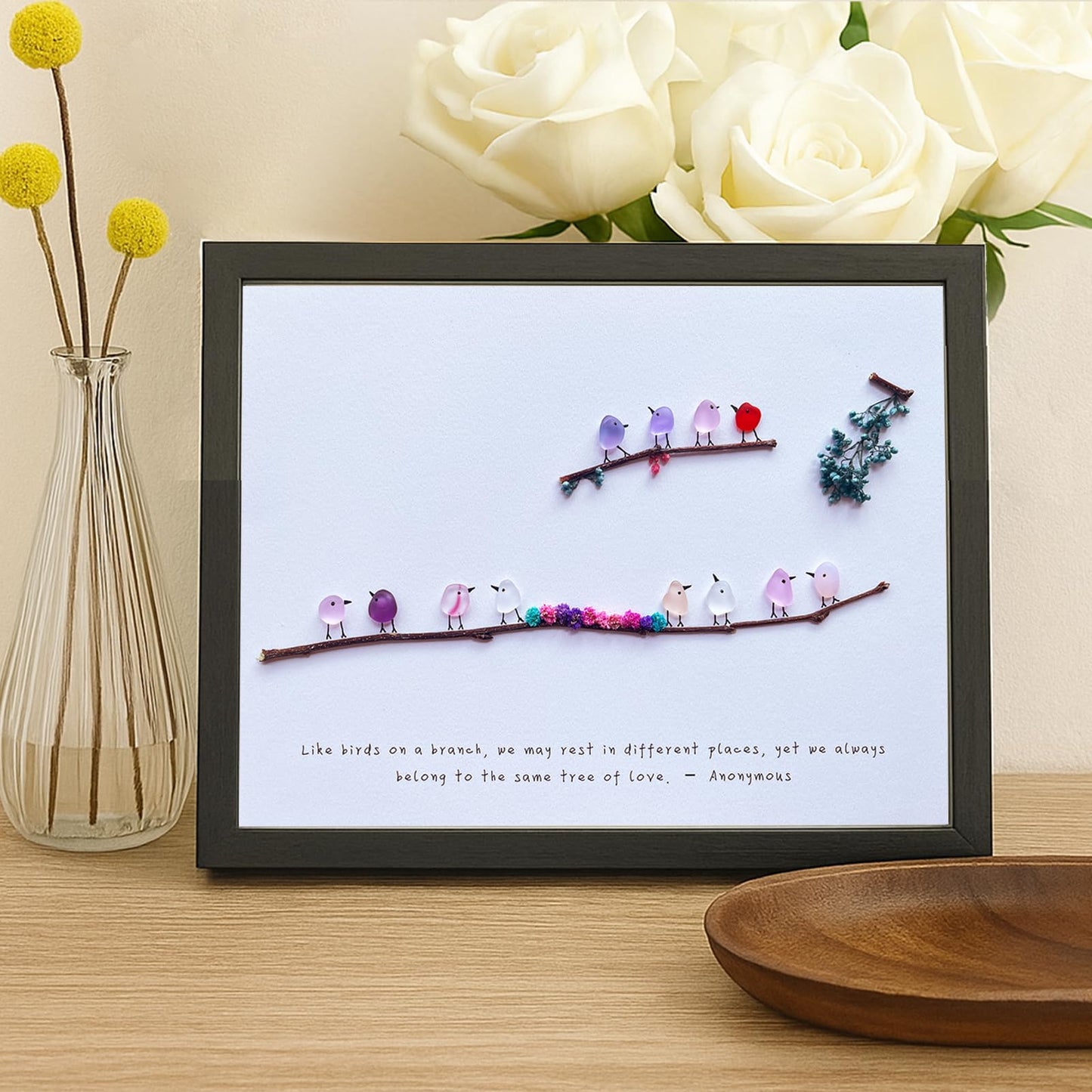 MEAKEO Sea Glass Birds Wall Art with Frame,Handmade Seaglass Rainbow Birds,Decorative Branch and Dried Flowers Accents,Sea Glass Friendship Gift for Home Decor,and Gift Ideas