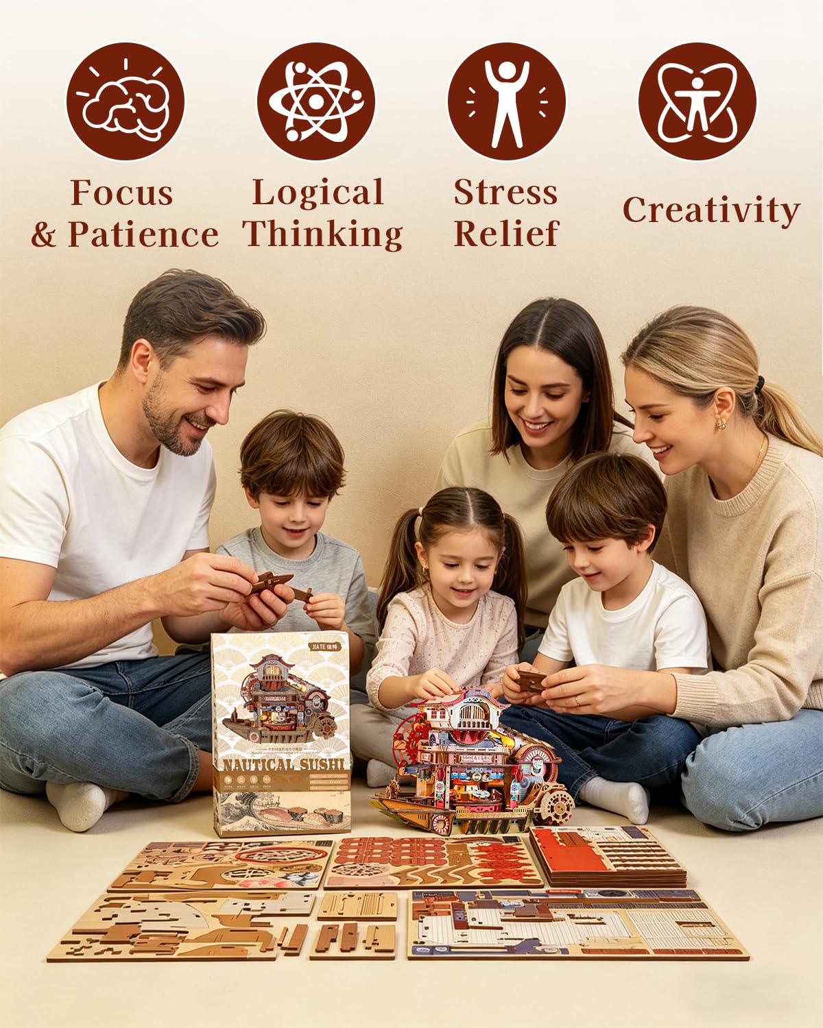 Nautical Sushi 3D Puzzles for Adults, 425PCS Wooden Mechanical Model Building Kit with Music and Lights, Miniature House Kit, Unique Home Decor Craft Gifts for Christmas Birthday
