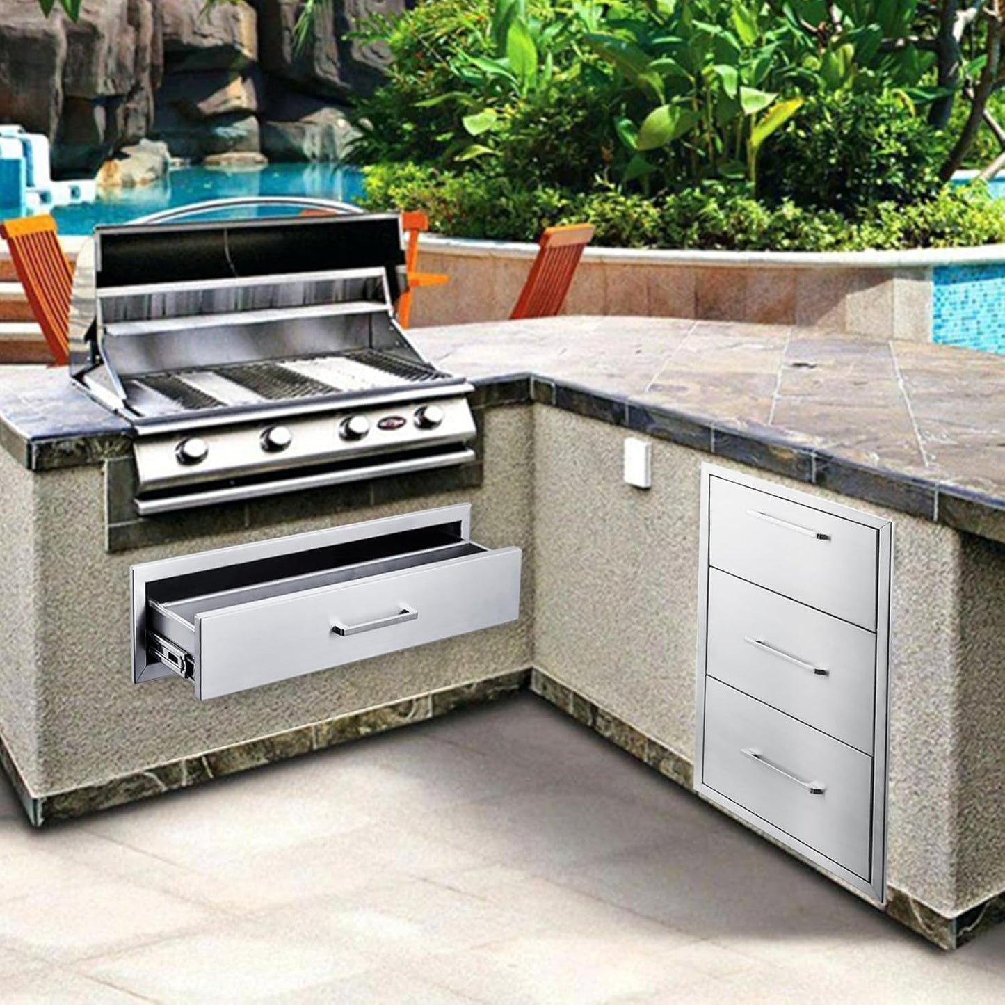 yuxiangBBQ 17W30H21D Inch Outdoor Kitchen Drawers Stainless Steel Double Drawer w/Paper Towel Holder Combo Works with Your Grilling or Prep Zones for Outdoor BBQ Island