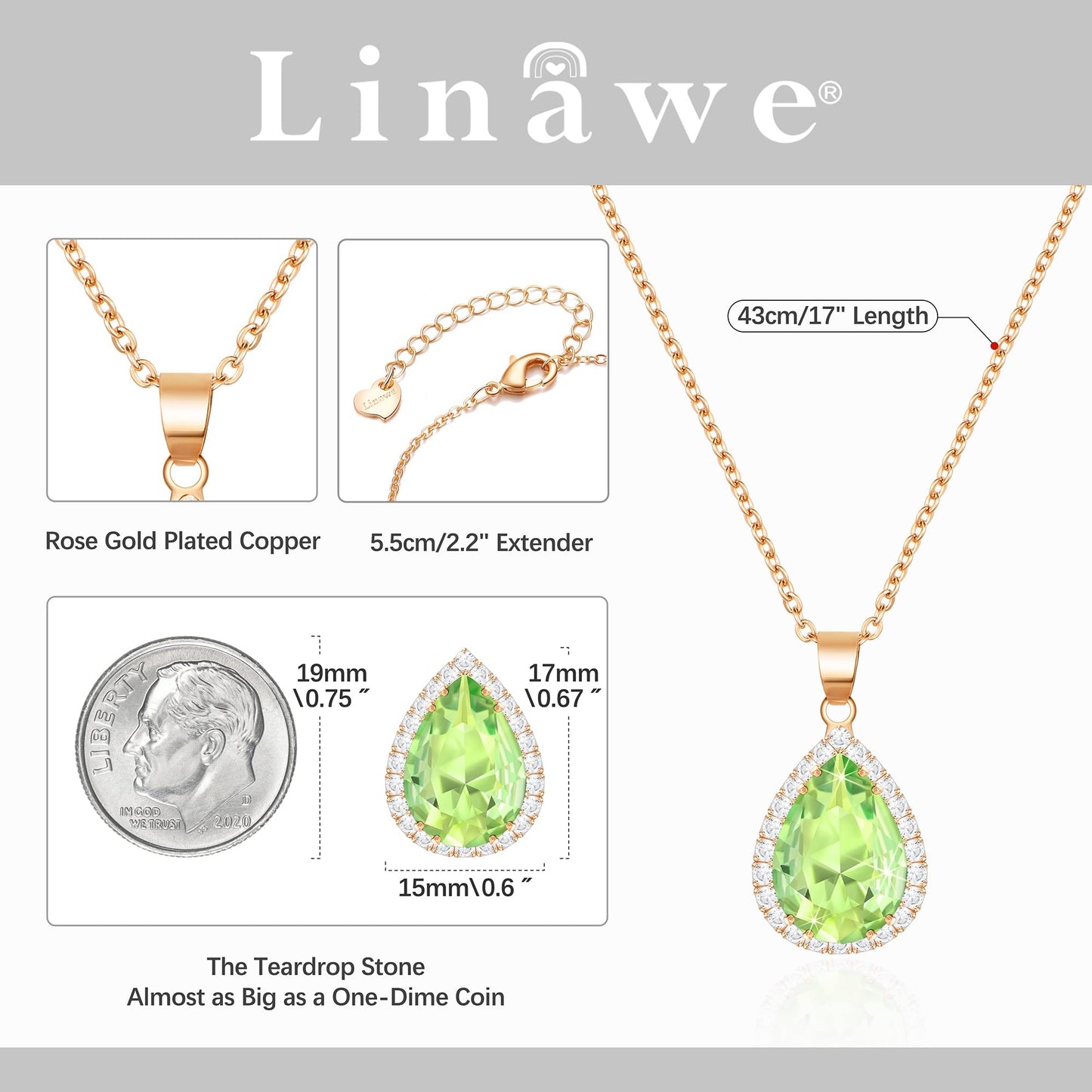 Linawe Crystal Imitation Diamond Green Necklaces for Women Trendy, Rose Gold Preppy Moissanite Birthstone Choker Pendant Necklace Statement Aesthetic Gemstone Jewelry Set