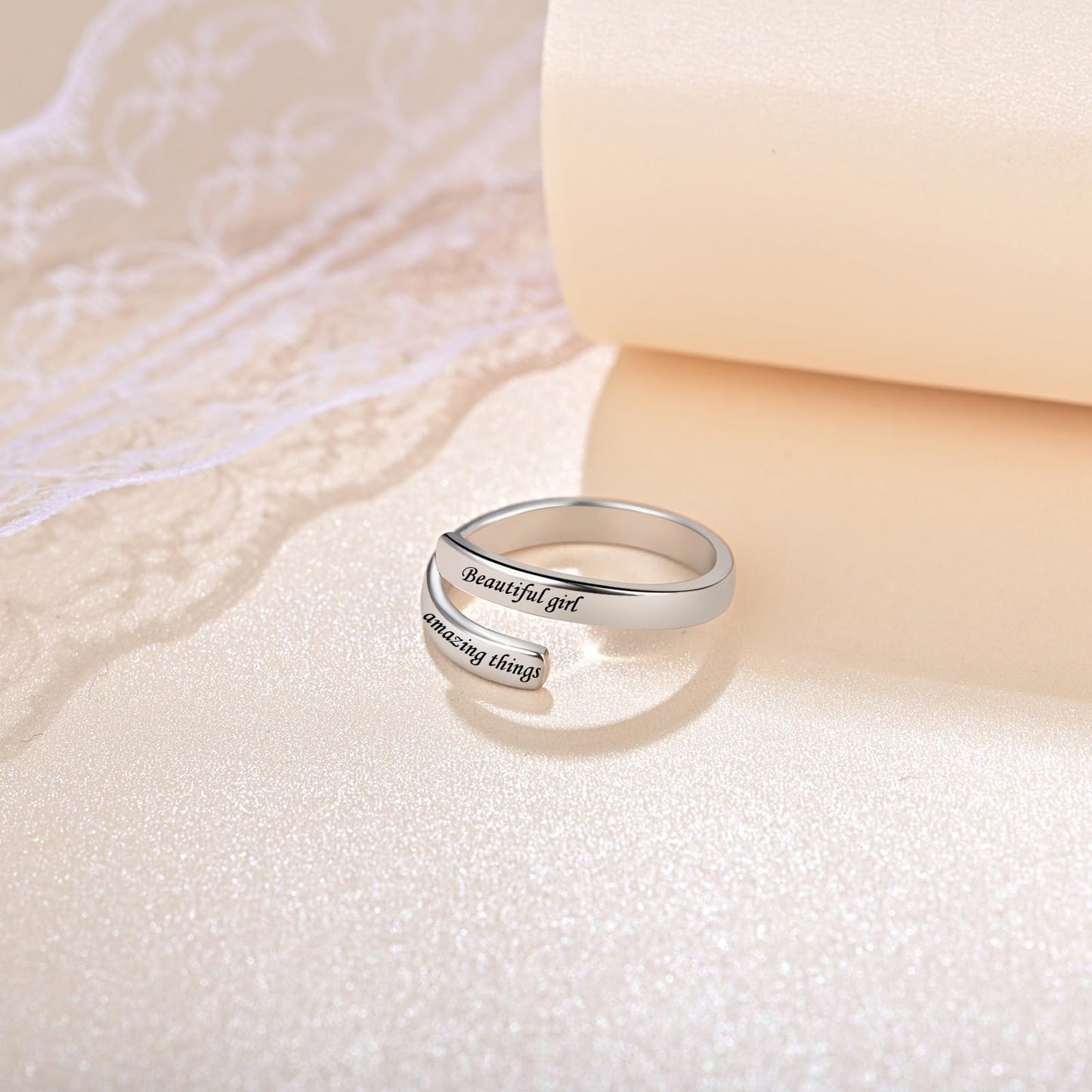 925 Sterling Silver Inspirational Jewelry Adjustable Wrap Open Ring Encouragement Gift for Women(Beautiful * you can do amazing things)
