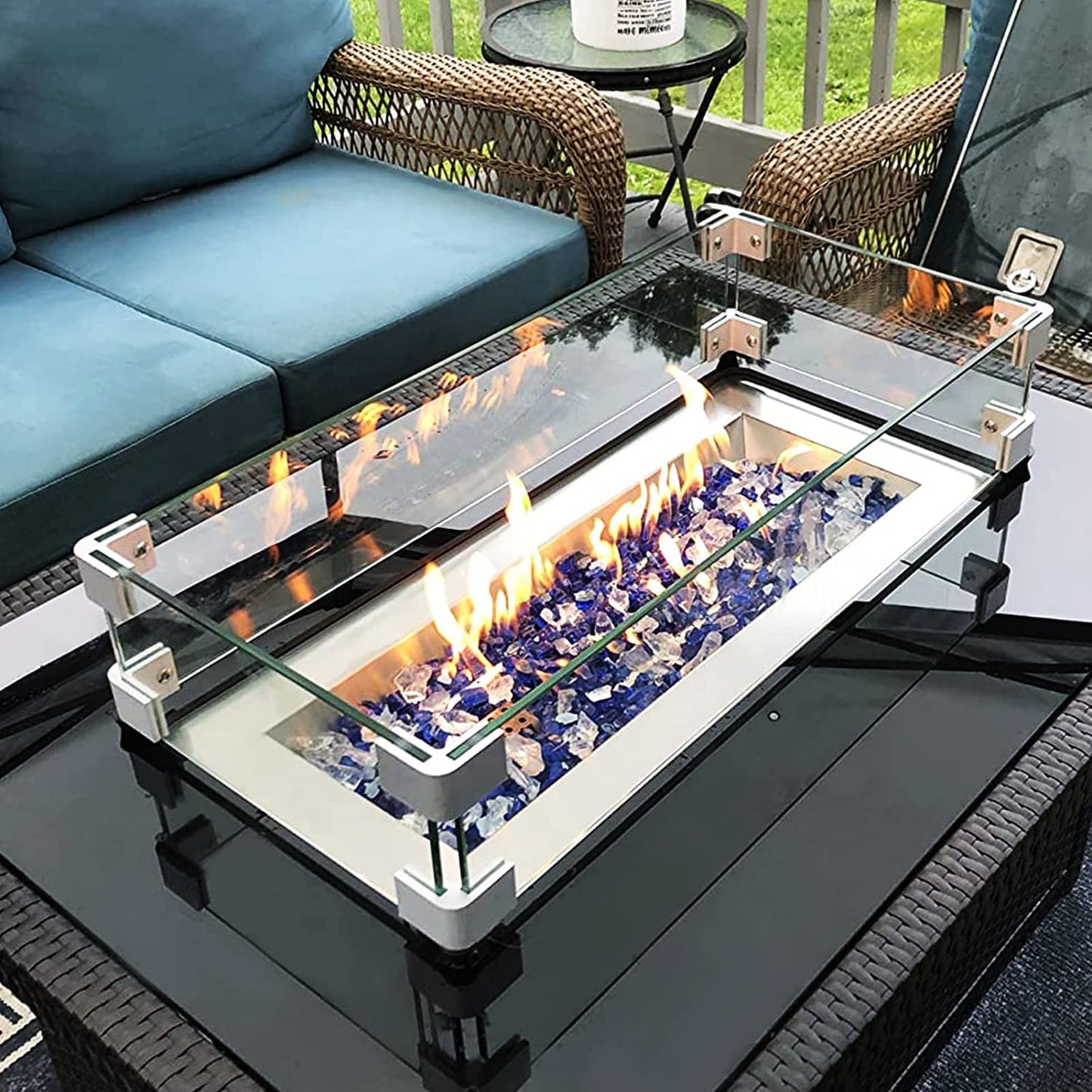 MESIDA 35.5"x15.5"x6" Fire Pit Glass Wind Guard, Tempered Glass Firepit Table Shield, Thick and Sturdy, with Hard Aluminum Corner Bracket