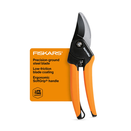 Fiskars SoftGrip Bypass Pruning Shears, 5/8” Cut Capacity Gardening Scissors for Right and Left-Handed Use, Steel Blade with Low Friction Coating, Rust Resistant Garden Clippers for Stems & Branches