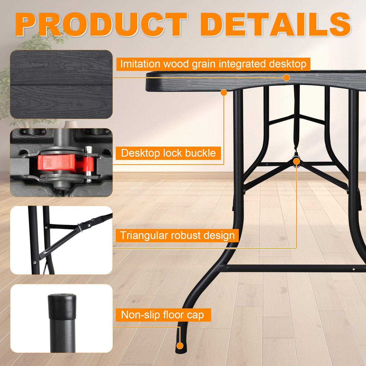 FROASISPRO 6ft Folding Table, Portable Heavy Duty Plastic Fold-in-Half Utility Table for Indoor/Outdoor Use, Dining, Camping, Picnic, Party, Black Woodgrain