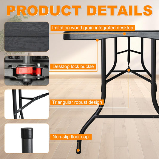 FROASISPRO 6ft Folding Table, Portable Heavy Duty Plastic Fold-in-Half Utility Table for Indoor/Outdoor Use, Dining, Camping, Picnic, Party, Black Woodgrain