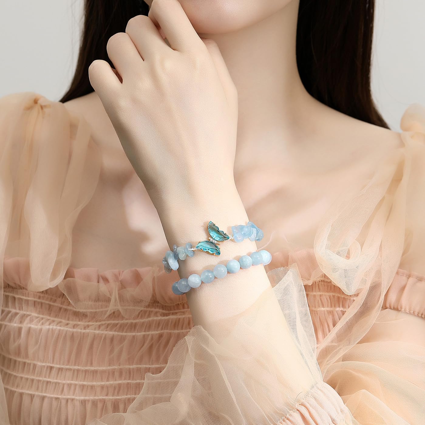 DUQGUHO 2PCS Aquamarine Bracelets Blue Bracelet for Women Natural Aquamarine Crystals Jewelry 8mm Butterfly Bracelet Gifts for Women