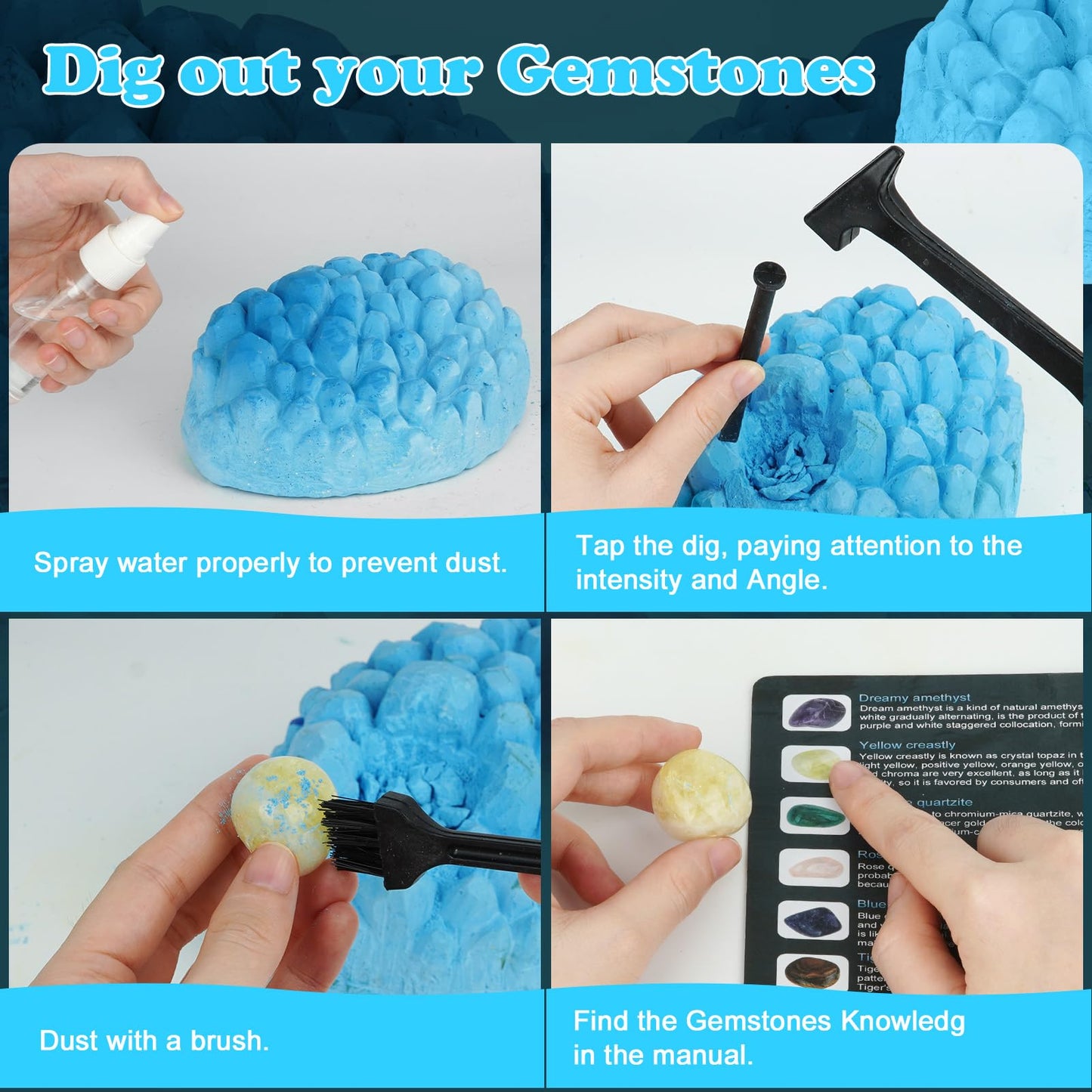 Gemstone Dig Kit (Unique Shape),Great STEM Science Kit for Kids- Excavate Your Own 16 Real Gemstones,Educational DIY Toys,Gem Digging Kit,Archaeology Geology Gifts for Boys & Girls Ages 6+