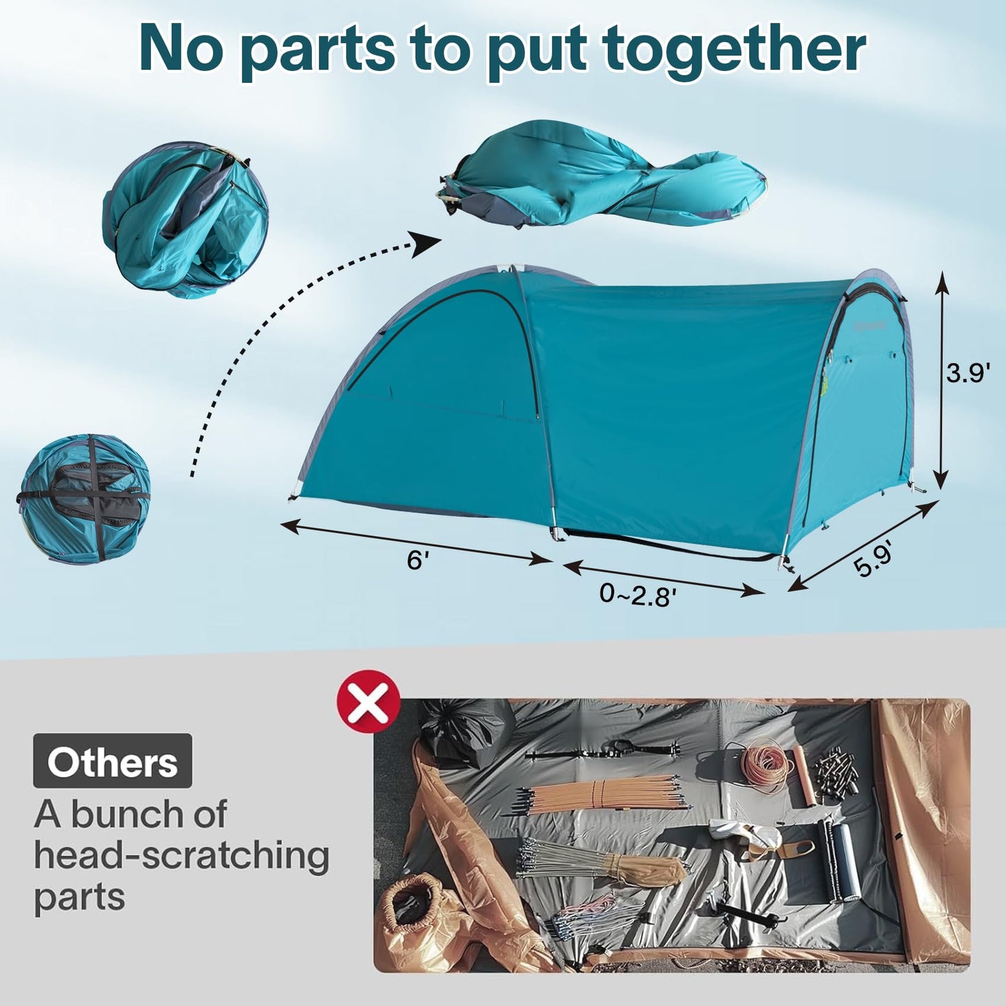EighteenTek Adjustable Pickup Truck Tent Pop Up, Waterproof PU2000mm Spacious and Full Size Double Layer Length Adjust for 6-8.8 FT Truck Bed Tent for 4 Person Portable Pick Up Tent for Camping