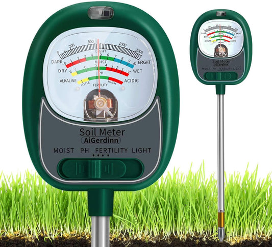 AiGerdinn Soil Moisture Meter for Plants, 4-in-1 Soil Tester - pH/Fertility/Sunlight Meter, Large Dial, Indoor/Outdoor Plant Water Monitor, Garden Soil Test Kit for Lawn, Farm, Houseplants