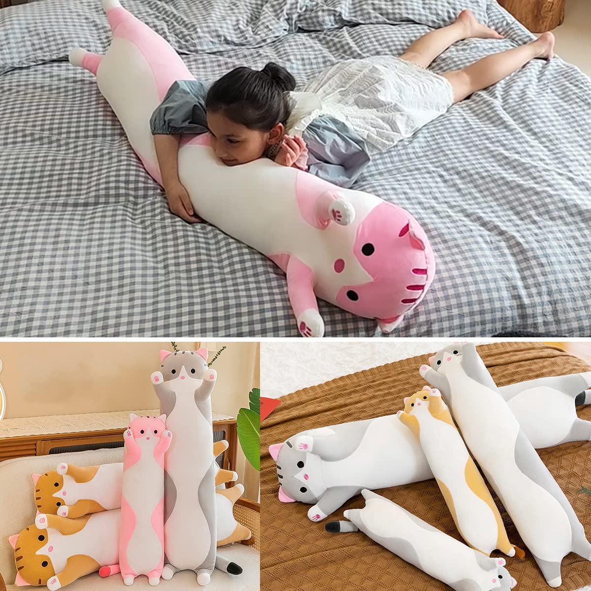 Giant Cat Pillow Plush Cartoon Kitty Sleeping Hugging Pillow, Cuddly Soft Long Kitten Body Pillow Doll Cat Cushion Toy for Kids Girlfriend (Gray, 150cm/59inch)