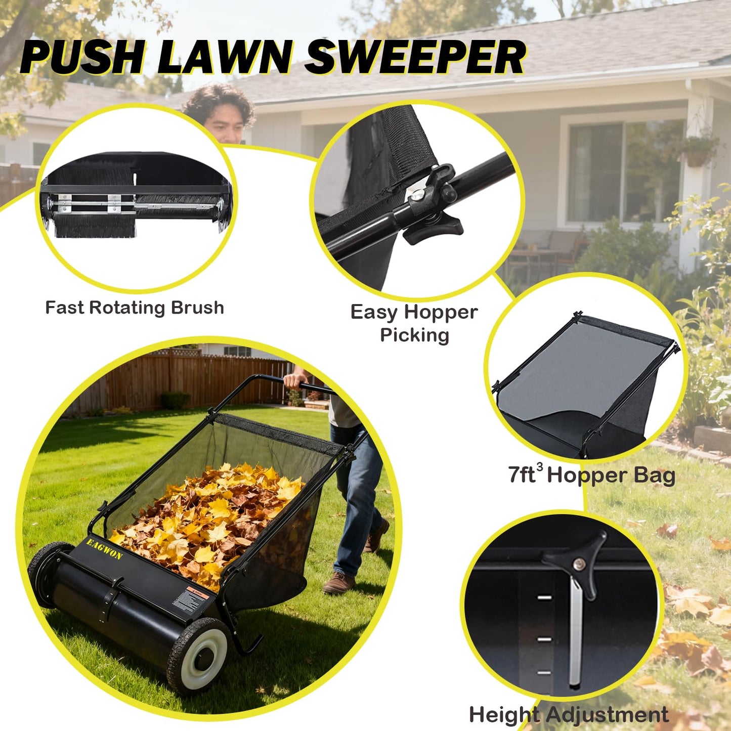 EAGWON Push Lawn Sweeper, 26-Inch Width, 7 Cu. Ft. Hopper Capacity, 4 Spinning Brushes, Adjustable Height, Durable Steel Frame with Rubber Wheels, Ideal for Leaves and Grass