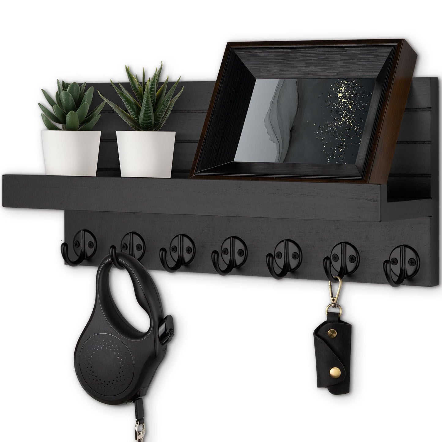 Lwenki Key Holder Wall Mount, Entryway Key and Mail Holder with 7 Sturdy Hooks for Sunglasses, Dog Leash, Decorative Wall Shelf with Mounting Hardware, 15”W x 6.7”H x 4.2”D