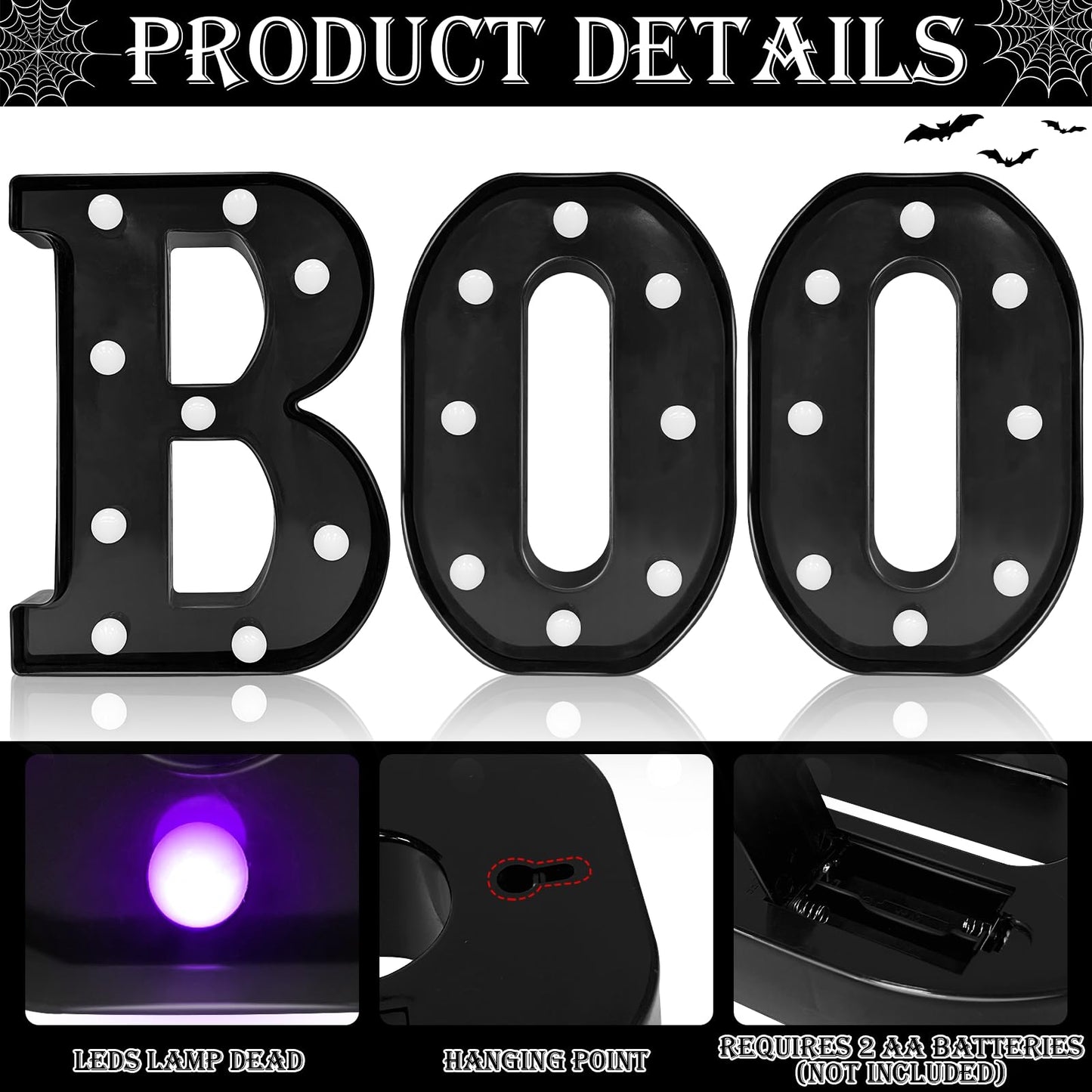 Halloween Decorations Indoor - Boo 3 Pack LED Light Up Hanging Letters Black Boo Signs Light for Indoor Halloween Decor Home Table Party Wall Mantel Fireplace Bedroom, Purple Lights