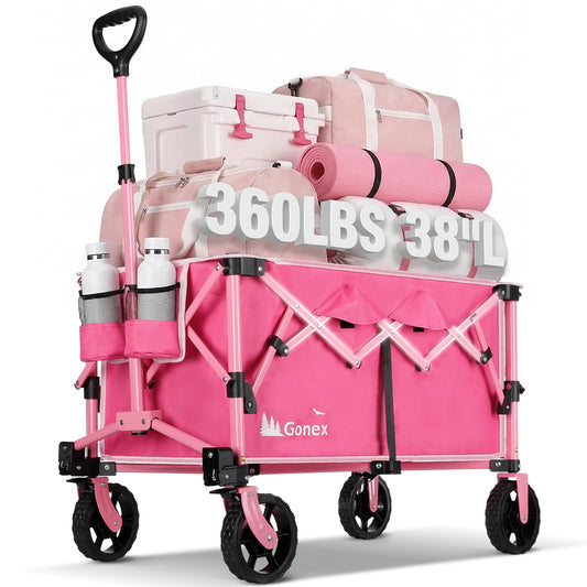 Gonex 38''L Collapsible Foldable Wagon Cart with 360lbs Weight Capacity,220L Folding Utility Garden Cart with Detachable Wheels for Grocery Sports Shopping Camping - Pink
