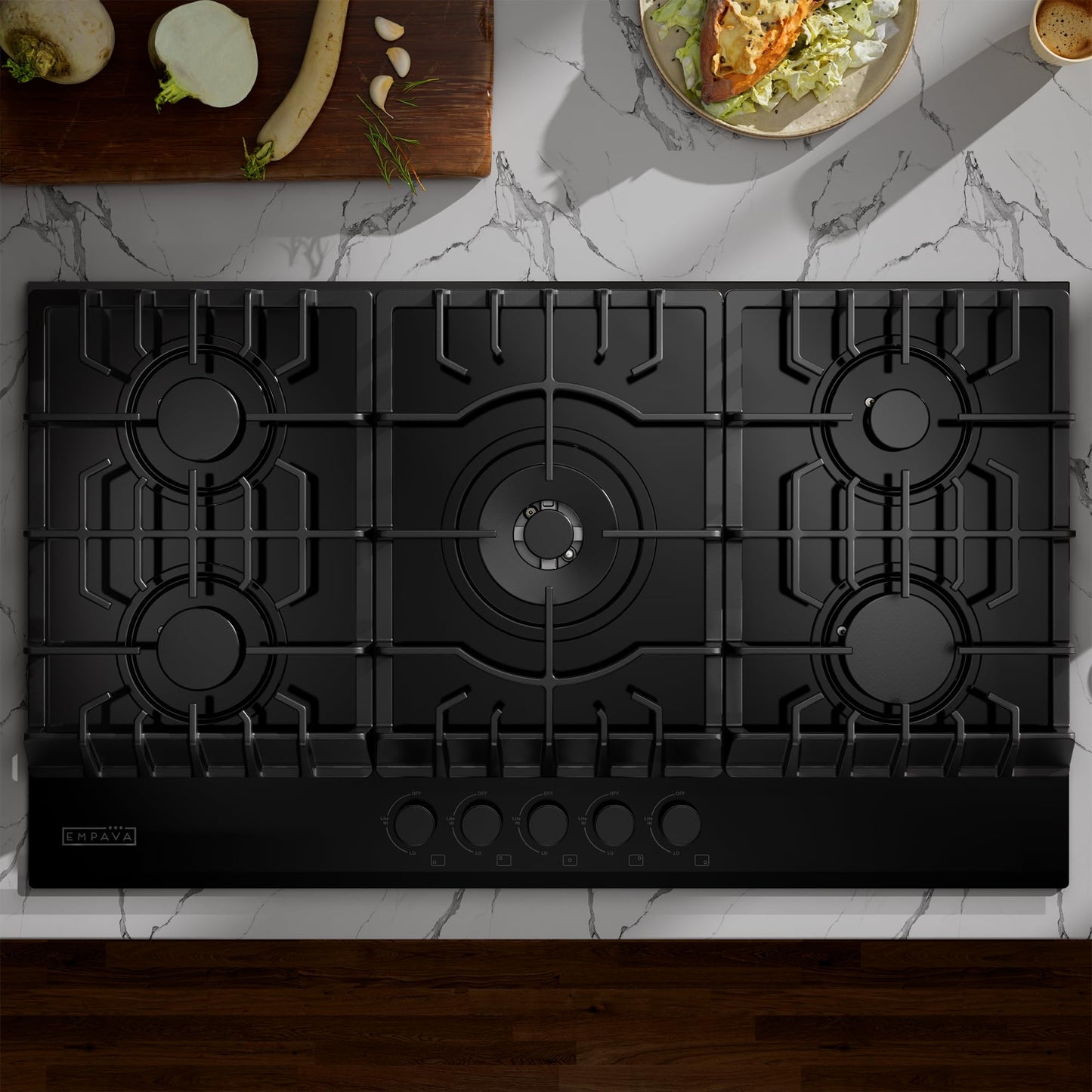 Empava 36" Gas Stove Cooktop NG/LPG Convertible with 5 Italy Sabaf Sealed Burners in Black Tempered Glass