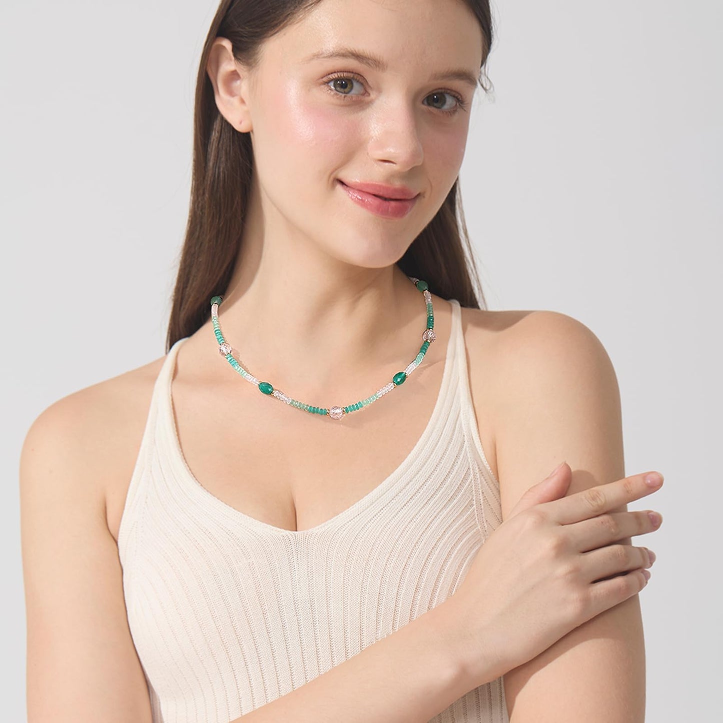 Gmissbabicoo Healing Crystal Necklace for Women Spiritual Zircon Beads Handmade Gemstone with 18k Golden Plated Crystals Stones Beaded Adjustable Necklaces with Jewelry Box Green
