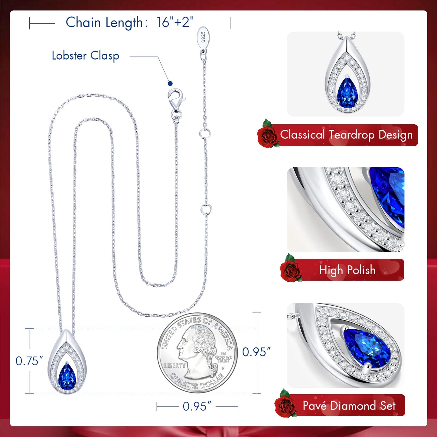 Kstyle 925 Sterling Silver Sapphire September Birthstone Pendant Necklace Teardrop Jewelry Valentine's Day Anniversary Birthday Gift for Wife Girlfriend Her Mom Sister Non Tarnish