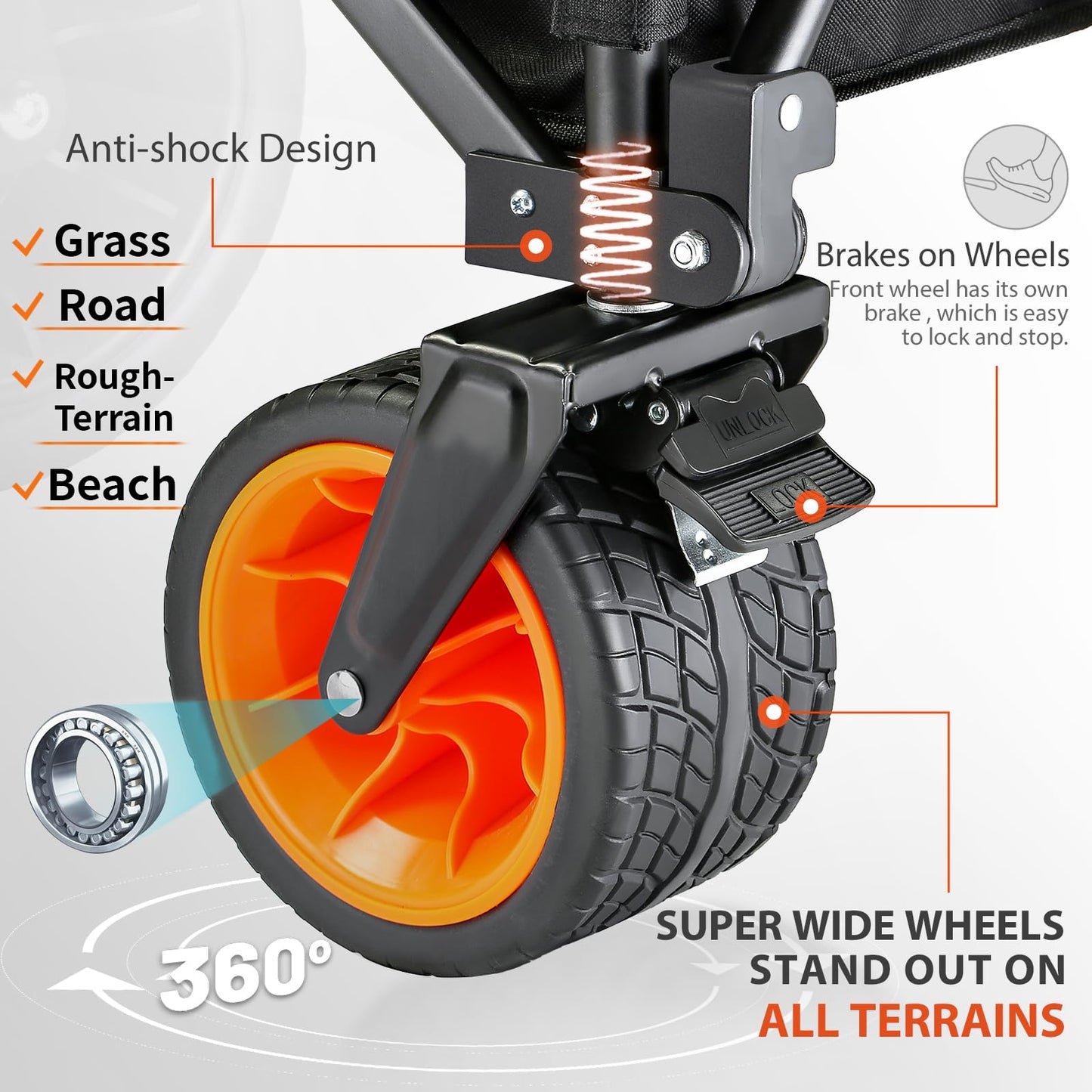 EchoSmile Collapsible Foldable Extended Wagon with 500Lbs Weight Capacity, 300L Folding Utility Wagon Cart with Big All-Terrain Wheels for Beach,Sport,Garden&Grocery (Black&Orange)