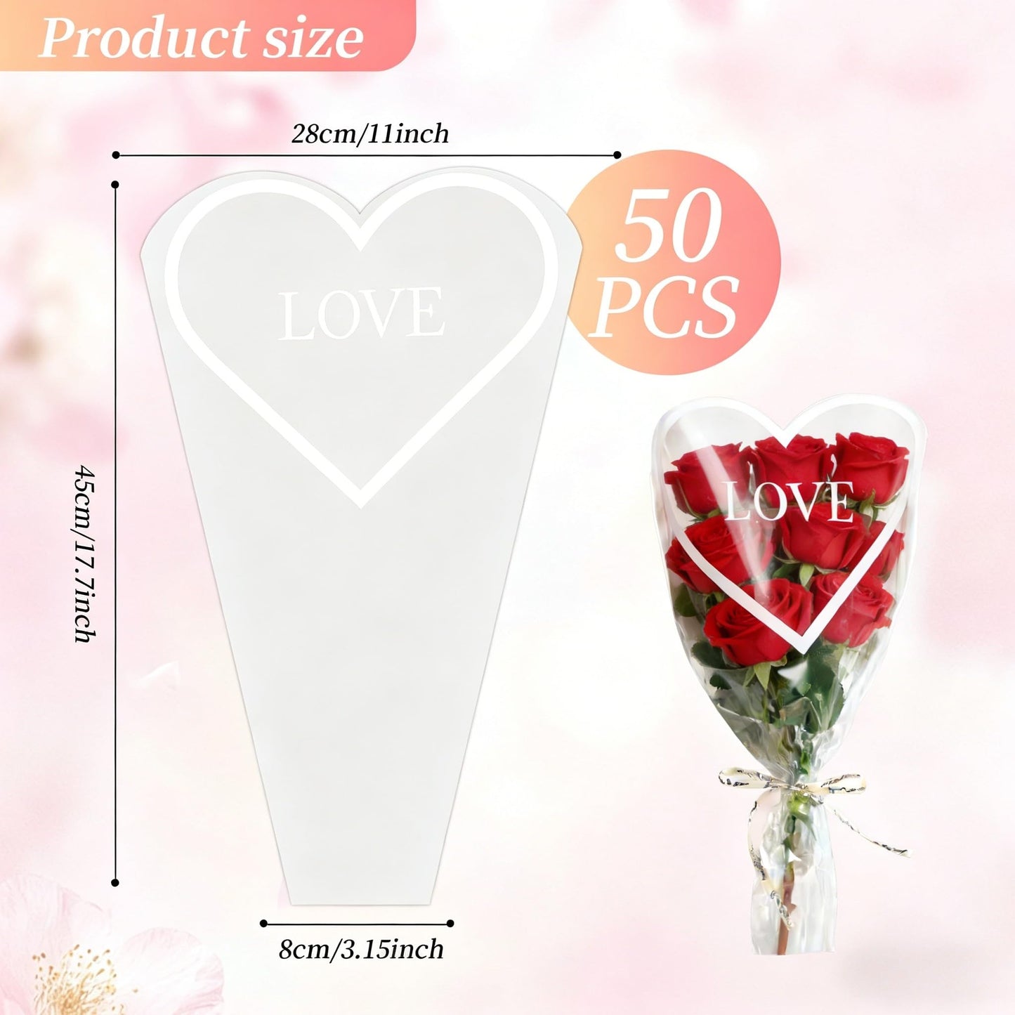 CHAQiWi Flower Bags for Bouquets Wrapping, Bulk Cellophane Sleeves for Flower Bar Supplies Wedding Birthday Mother's Day Valentine's Day (White Heart, 50PCS)