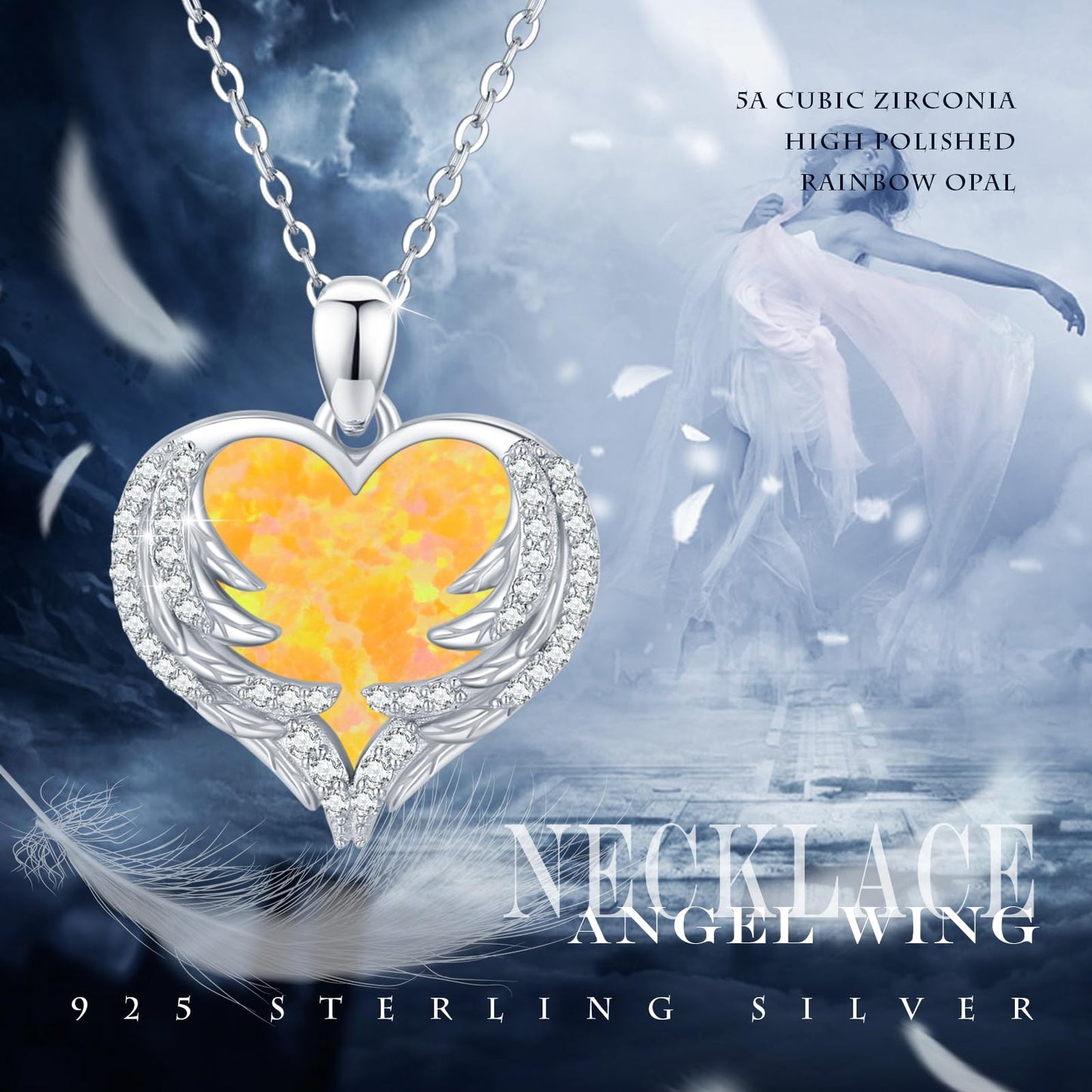 CUOKA MIRACLE Heart Necklace Angel Wing Heart Opal Necklace 925 Sterling Silver Women Necklace Guardian Angel Wings Pendant Necklace Dainty Opal Jewelry Birthday Gifts for Mom Women (Yellow Opal Wings)