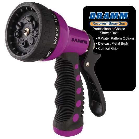 Dramm Revolver Heavy Duty Metal Garden Hose Nozzle – 9 Spray Patterns, High Pressure Jet, Thumb-Control Flow, Ergonomic Grip – Berry