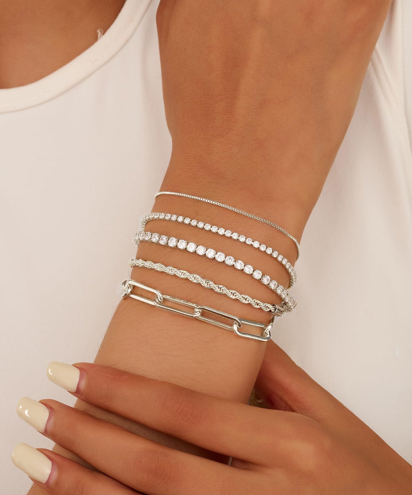Gold Bracelets for Women 14K Gold Plated Stack Trend Bracelets Charm Paperclip Chain Cuban Link Layered Waterproof Bracelet Dainty Bracelet for Women Jewelry Gifts (Silver 5Pcs)