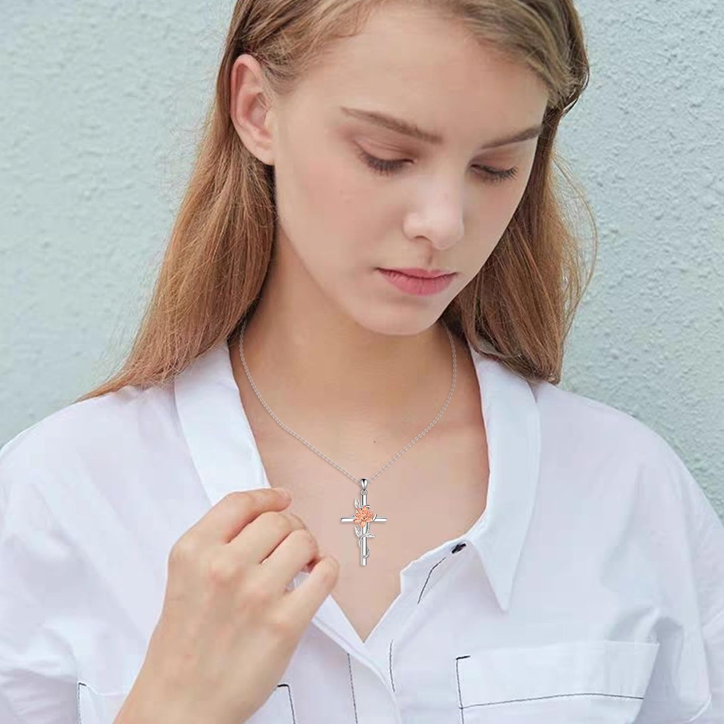 Lotus Flower Necklace 925 Sterling Silver Lotus Flower Cross Necklace Birth Flower Jewelry for Women (Lotus)
